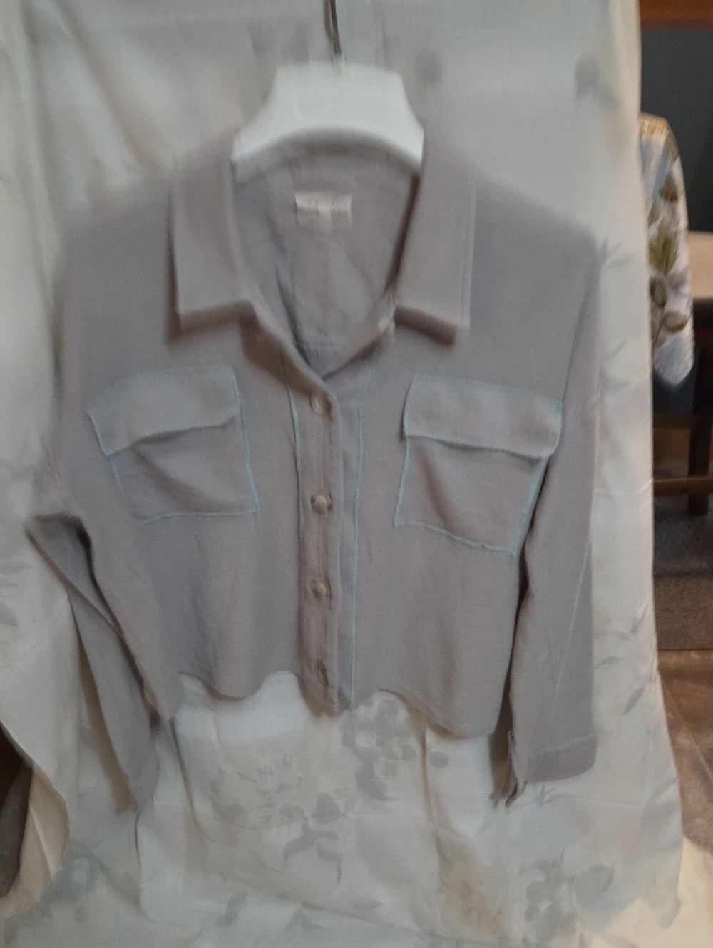 Mystree Light Gray Textured Button-Up Cropped Jacket With Teal Details
